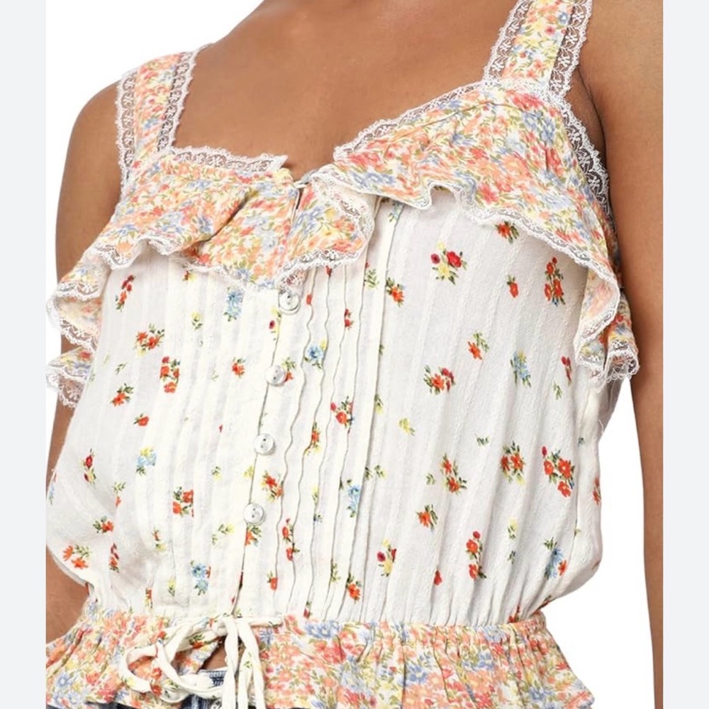 American Eagle Floral Ruffled White Sleeveless Top